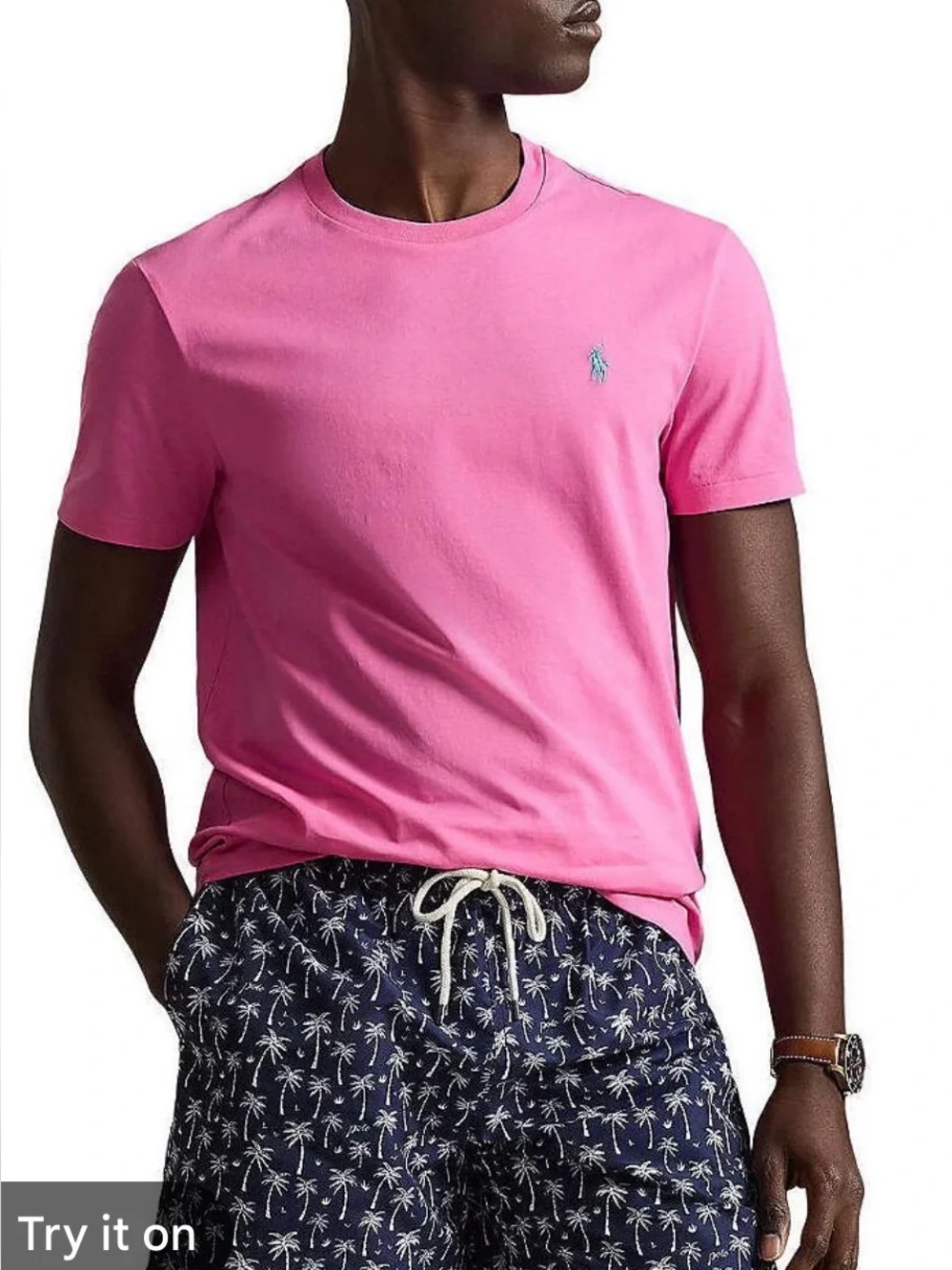 Polo Ralph Lauren pink crewneck T-shirt features a lime green polo player